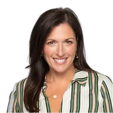 Smiling woman with long dark hair wearing a striped shirt with green, white, and yellow colors.