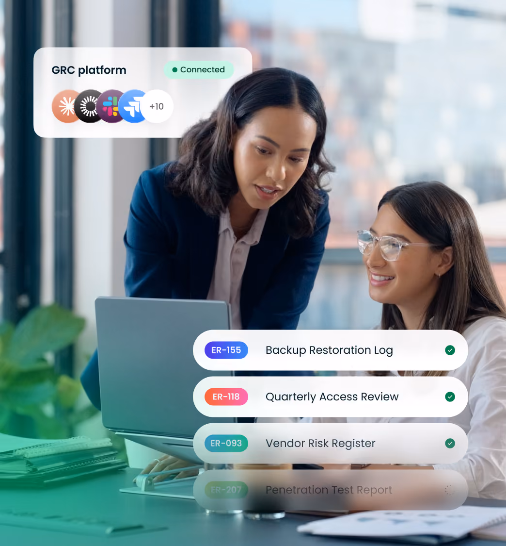 Two women looking at a laptop in a bright office. Overlay displays a connected GRC platform with app icons and a task list showing Backup Restoration Log, Quarterly Access Review, and Vendor Risk Register marked complete, with Penetration Test Report still pending.