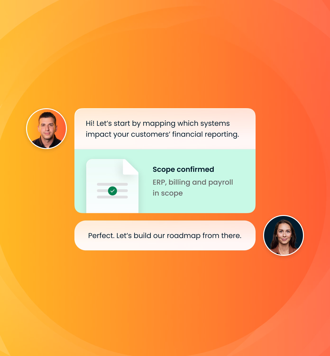 Chat interface with two people communicating about financial reporting systems; one says, 'Hi! Let's start by mapping which systems impact your customers' financial reporting.' A confirmation card says, 'Scope confirmed: ERP, billing and payroll in scope.' The other responds, 'Perfect. Let's build our roadmap from there.'