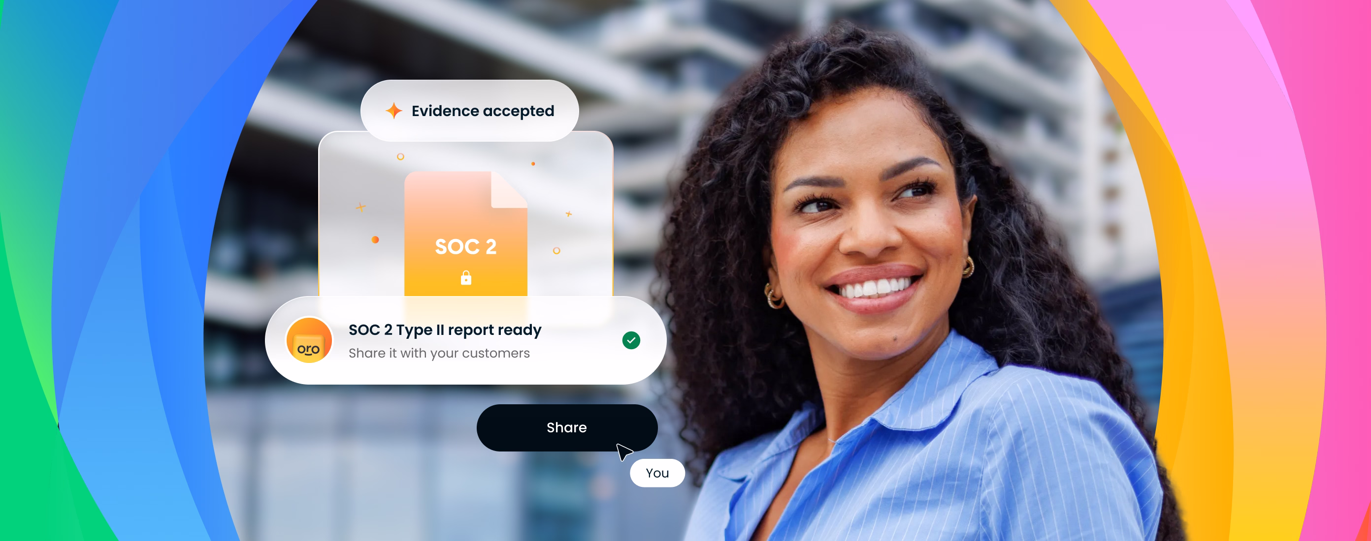 Smiling woman with curly hair in a blue blouse on right side, with an overlay graphic on the left showing a document labeled SOC 2, text stating 'Evidence accepted', 'SOC 2 Type II report ready', and a black button labeled 'Share'.