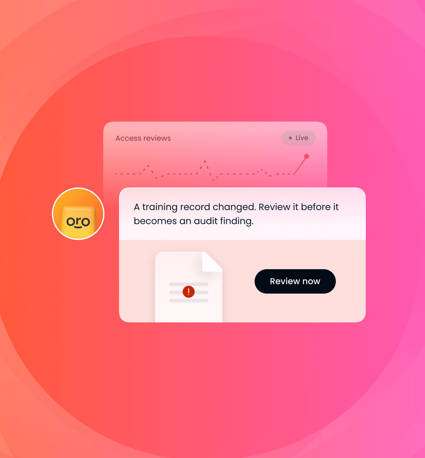 Notification interface on a gradient pink and orange background shows a message: 'A training record changed. Review it before it becomes an audit finding.' with a document icon marked by an exclamation symbol and a 'Review now' button, indicating an audit readiness alert.