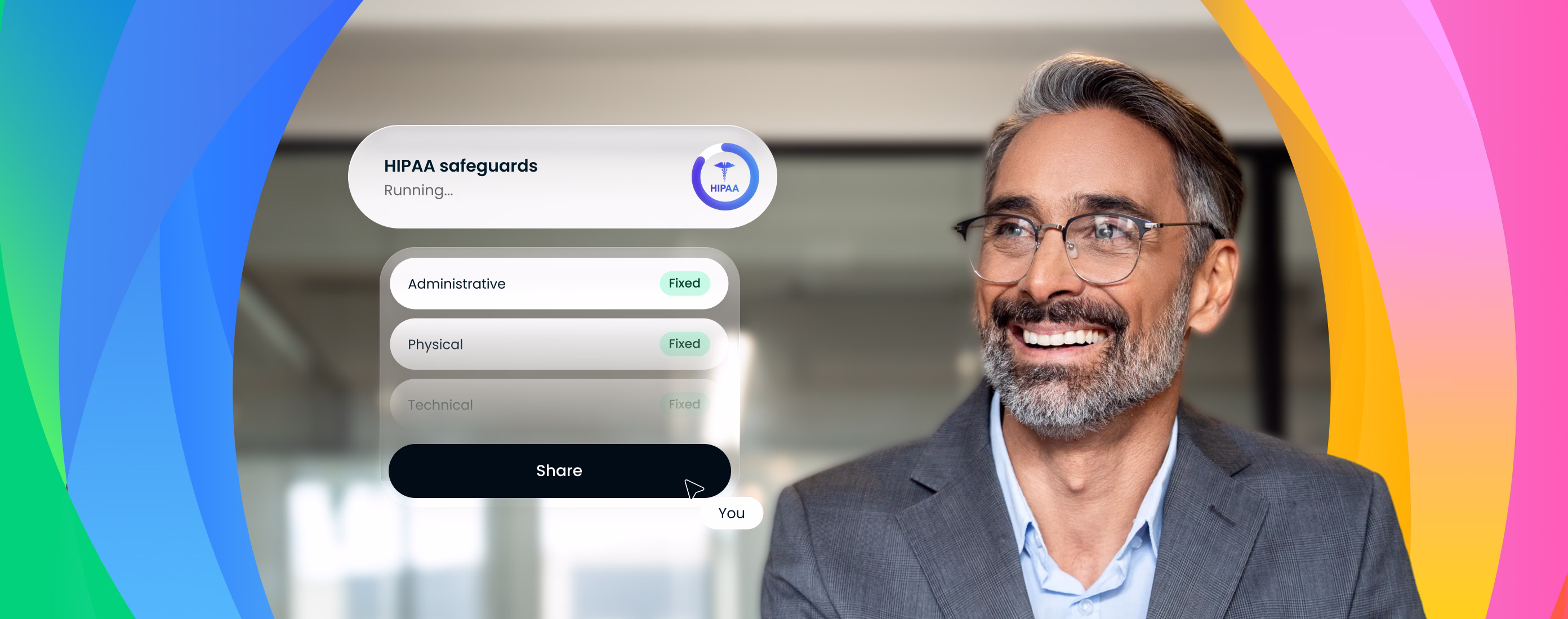 Smiling man with glasses and gray beard wearing a gray blazer and light blue shirt, next to a translucent interface showing HIPAA safeguards status with sections for Administrative and Physical marked 'Fixed' and Technical grayed out, all set against a colorful gradient background.