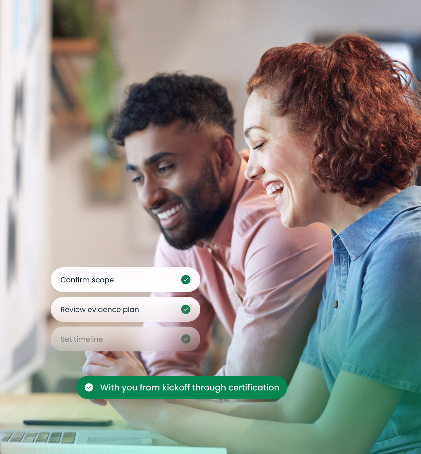 Smiling man and woman leaning over a laptop, looking at the screen together in a well-lit room, with on-screen text showing a checklist that includes 'Confirm scope' and 'Review evidence plan' checked, 'Set timeline' grayed out, and a banner below saying 'With you from kickoff through certification.'