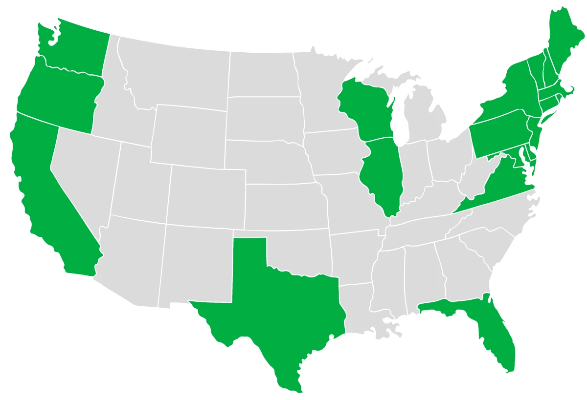 Green Team USA coverage map highlighting operations in California, Texas, Florida, Oregon, Washington, Illinois, Wisconsin, New York, New Jersey, Pennsylvania, Connecticut, Delaware, Maryland, Virginia, and Washington D.C.