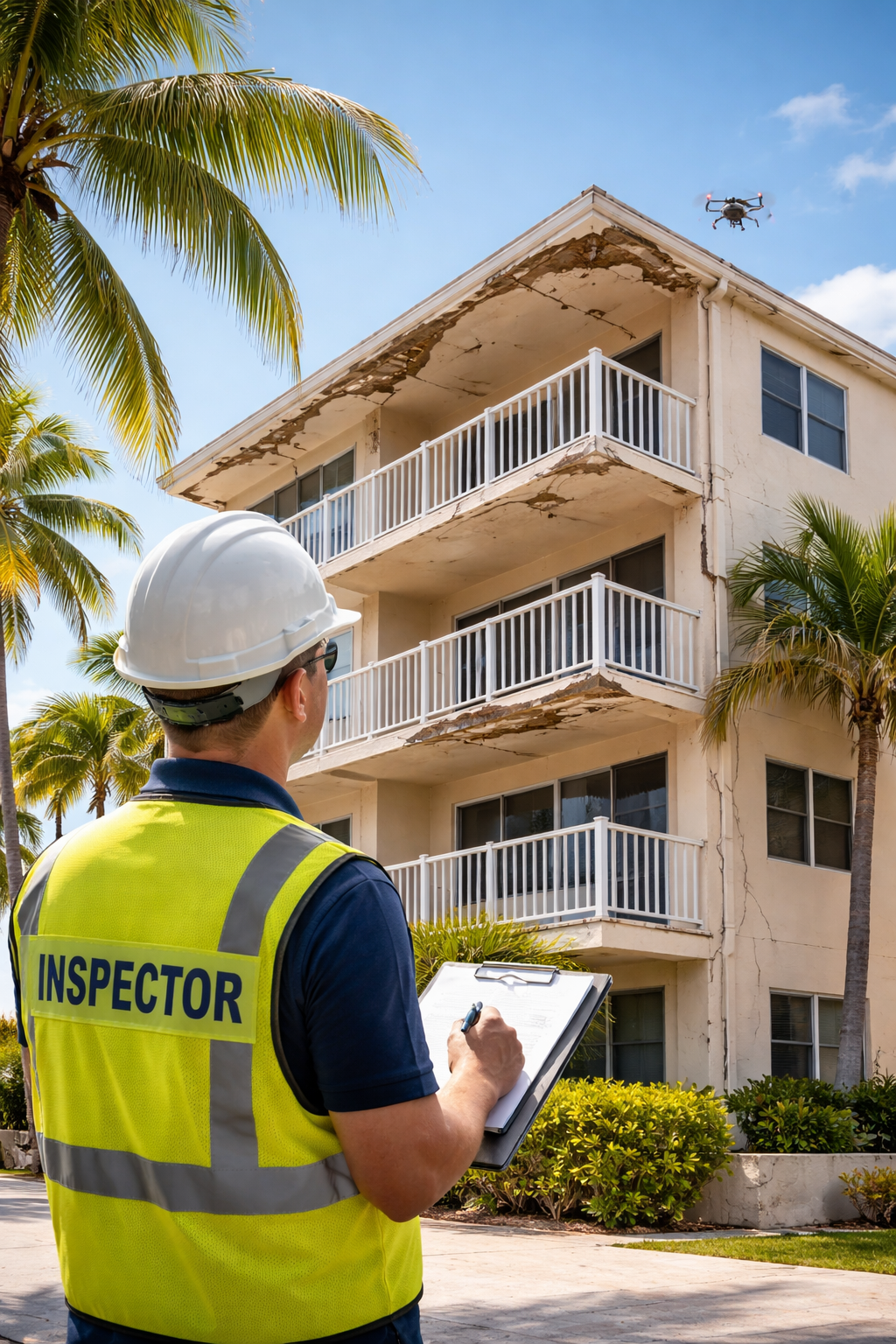 Building inspector in a yellow vest and white hard hat checking a cracked exterior of a beige apartment building with a drone flying nearby.