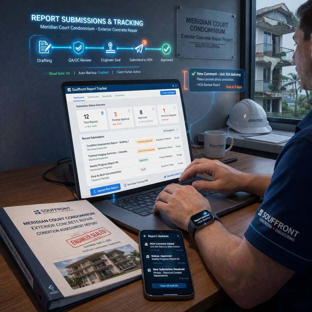Man working on a laptop with report submissions tracking dashboard for Meridian Court Condominium's exterior concrete repair, next to a binder labeled 'Engineer Sealed' and a phone showing report updates.