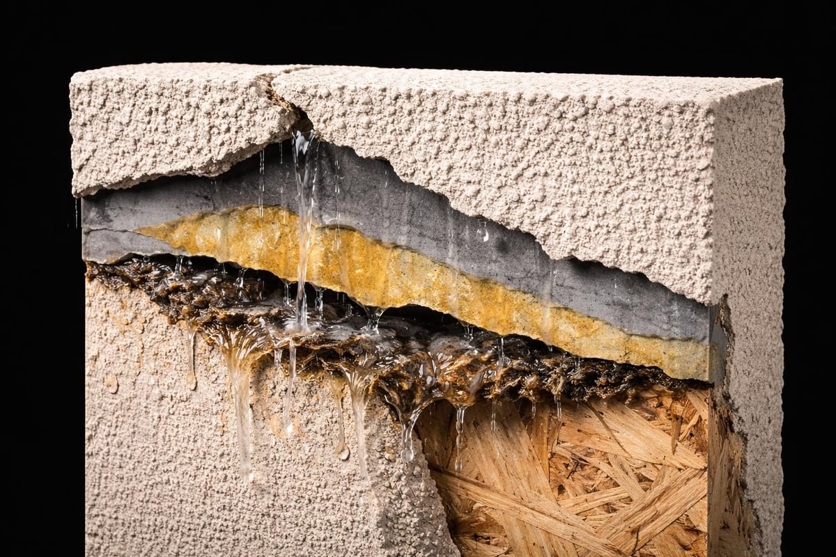 Stucco system layers and moisture intrusion