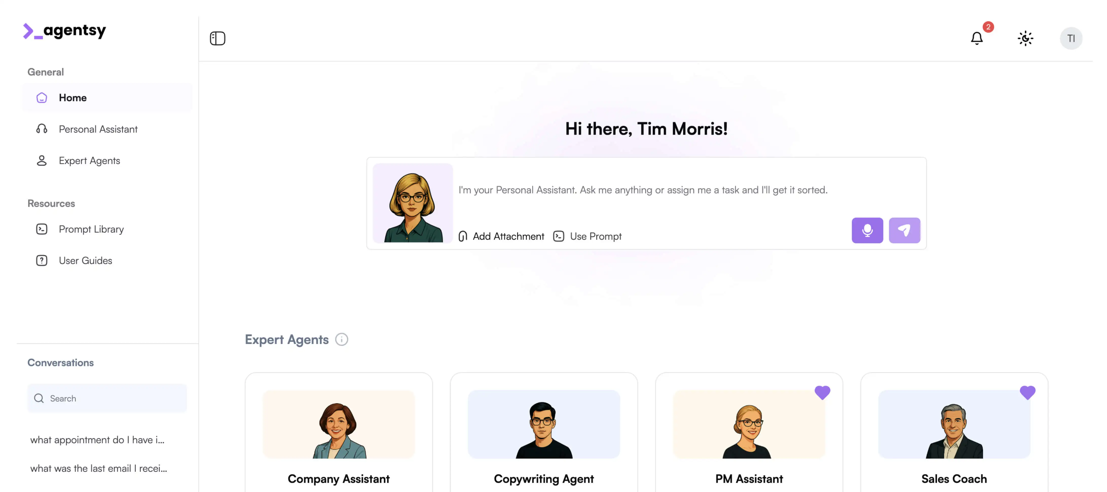 Home screen of the Agentsy dashboard