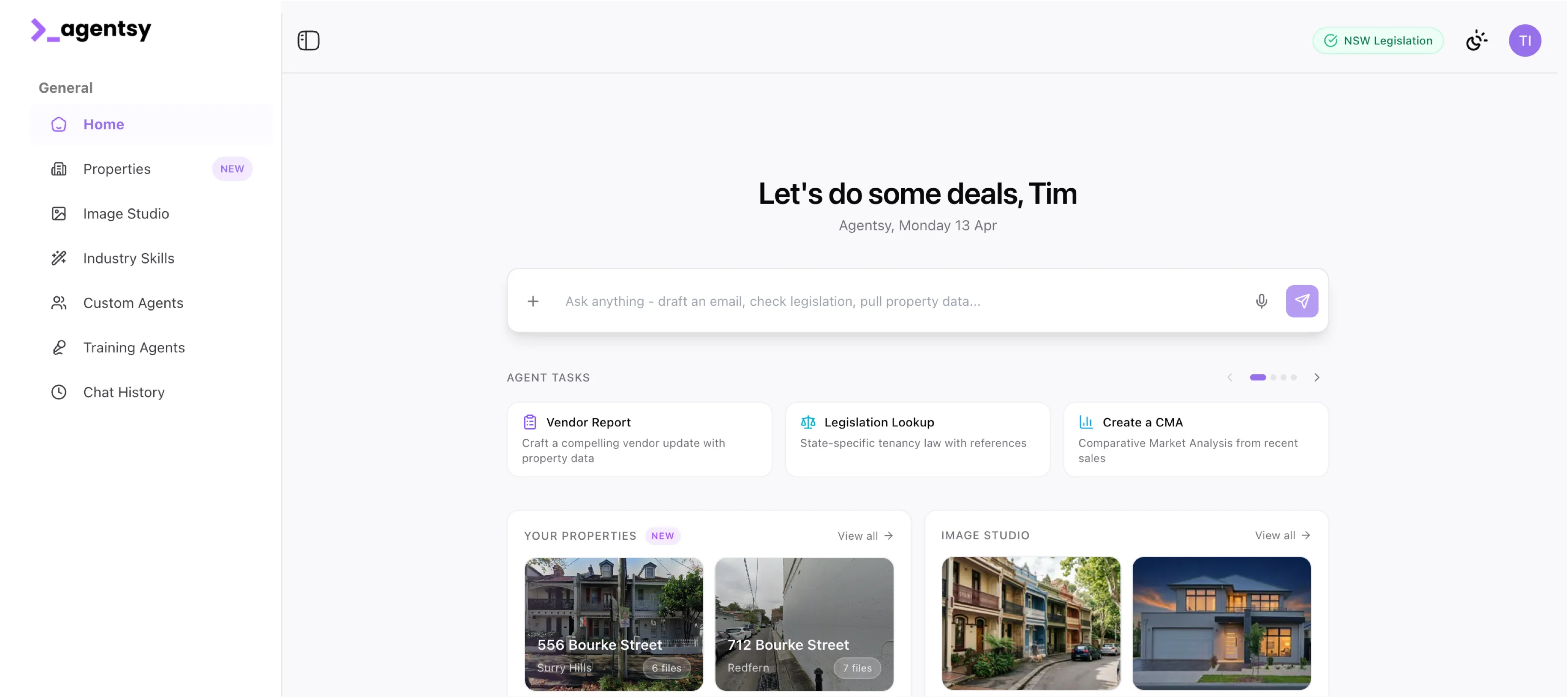 Home screen of the Agentsy dashboard