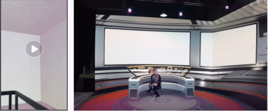 A person sitting on a swivel chair in a futuristic control room with large blank screens and a circular red and purple floor design.