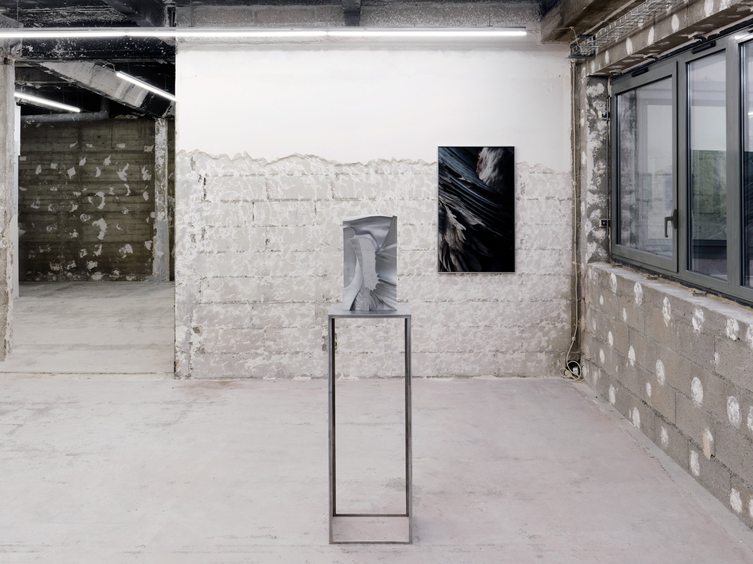 Sculpture on a metal stand in front of a dark photographic print