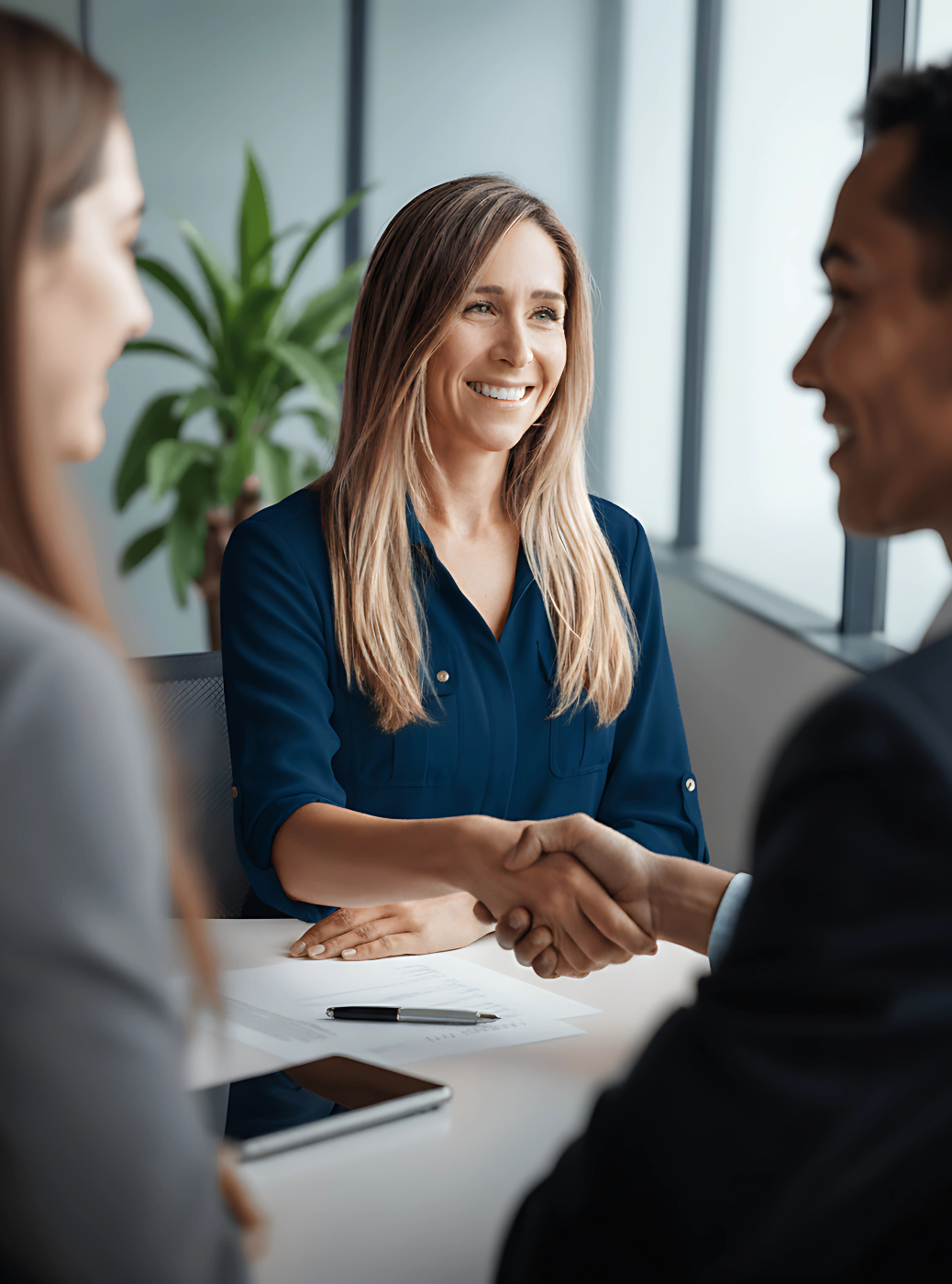 Denette Miller shaking hands with new clients. AOG Group | Allstate