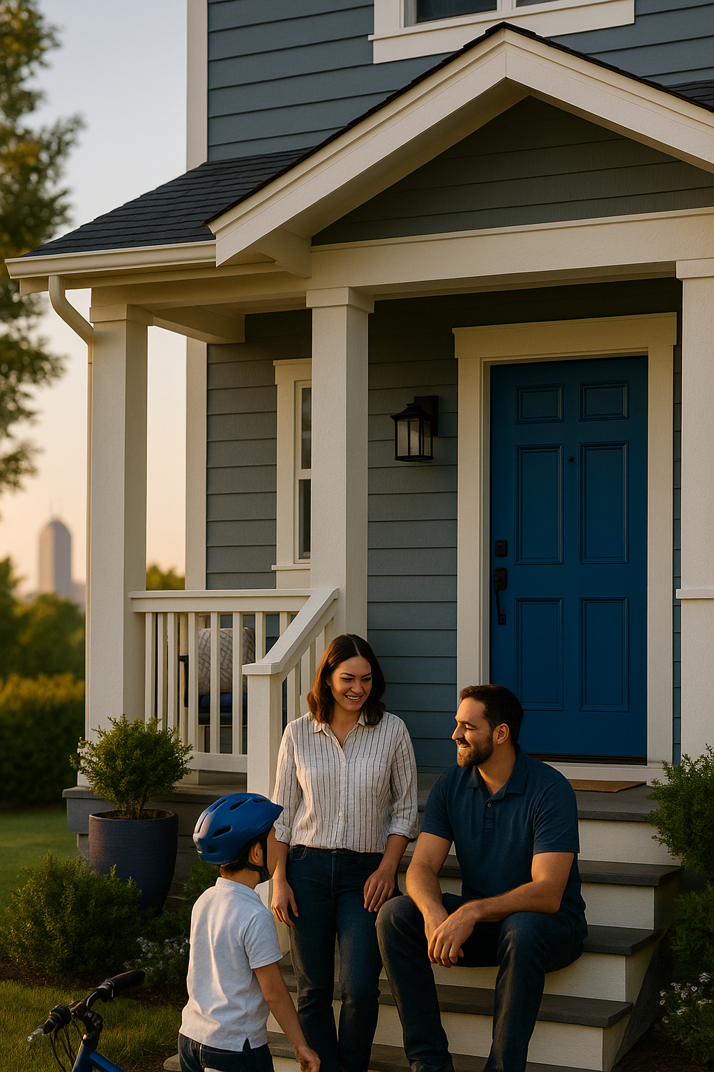 Family on the porch of a craftsman home in Indianapolis — Indiana homeowners insurance from AOG Group | Allstate