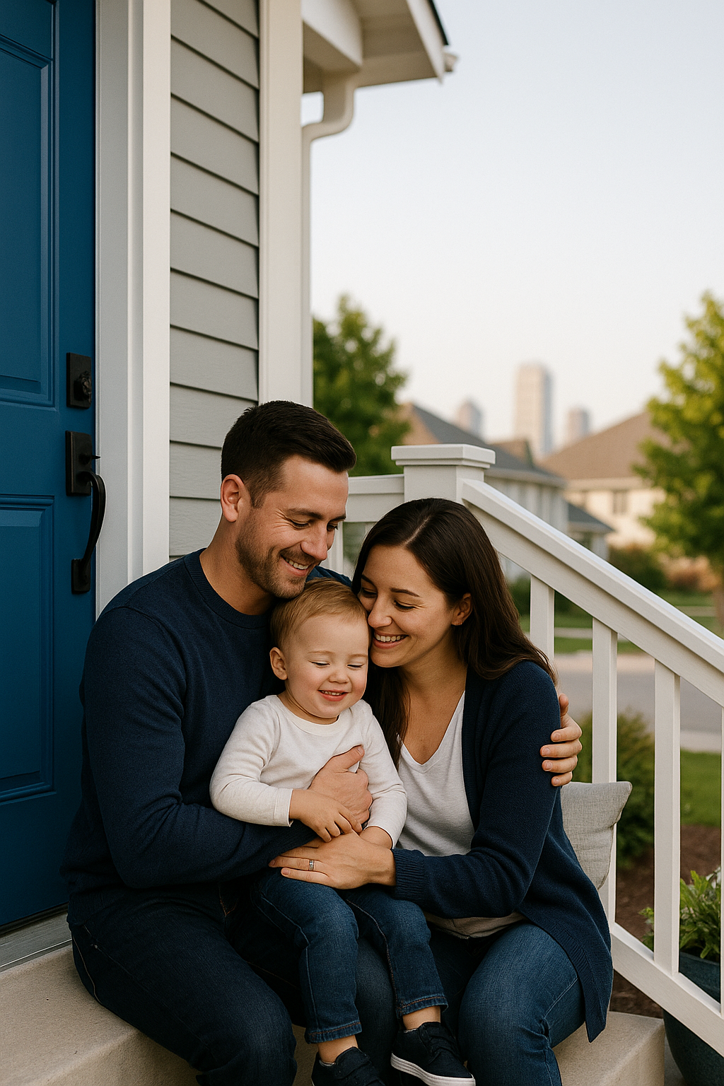 Parents holding a toddler on a front porch in Indianapolis — Indiana life insurance from AOG Group | Allstate