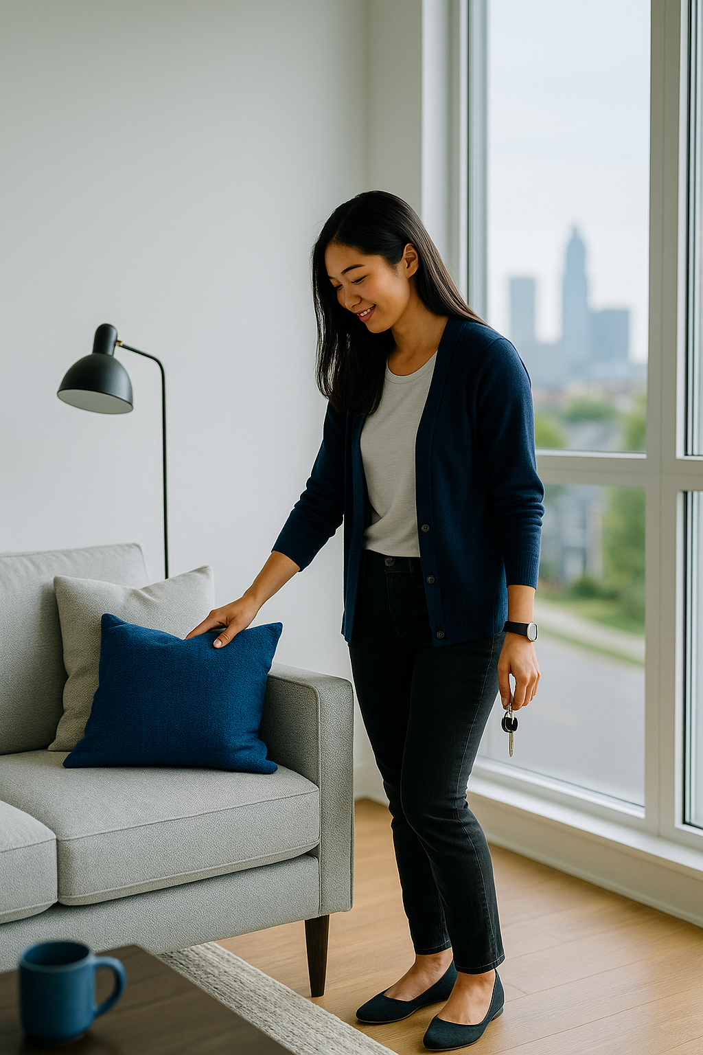 Resident in a modern Indianapolis condo near floor-to-ceiling windows — Indiana condo insurance from AOG Group | Allstate