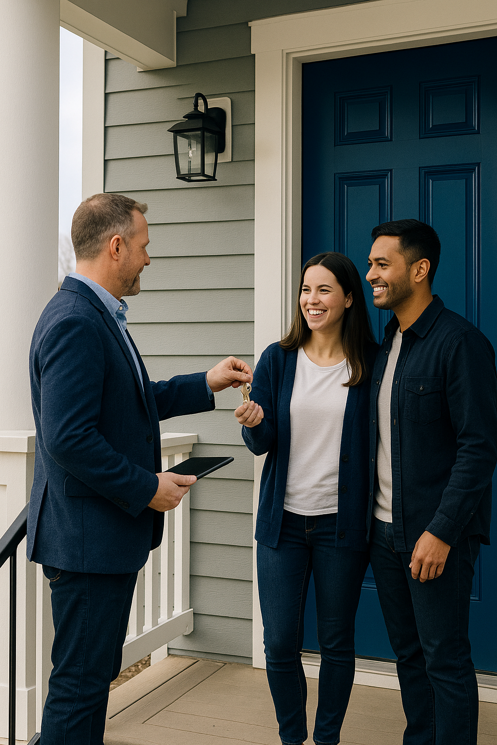 Landlord handing keys to tenants at a rental home in Indianapolis — Indiana landlord insurance from AOG Group | Allstate