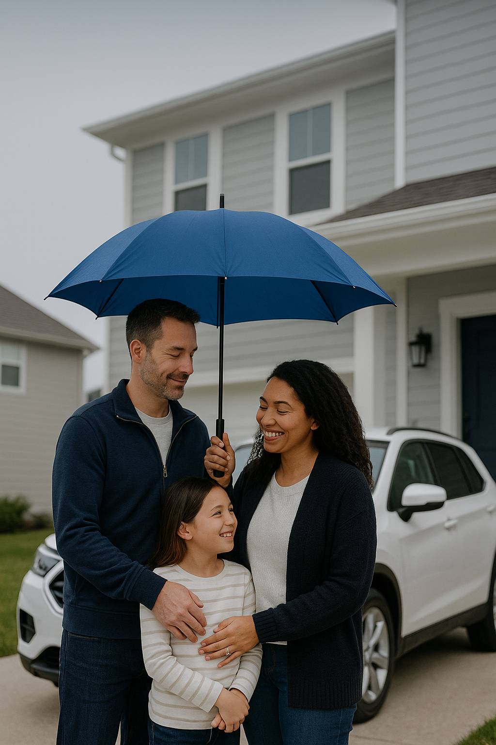 Parent holding a blue umbrella shielding family and a white SUV in an Indianapolis driveway — Indiana personal umbrella insurance from AOG Group | Allstate