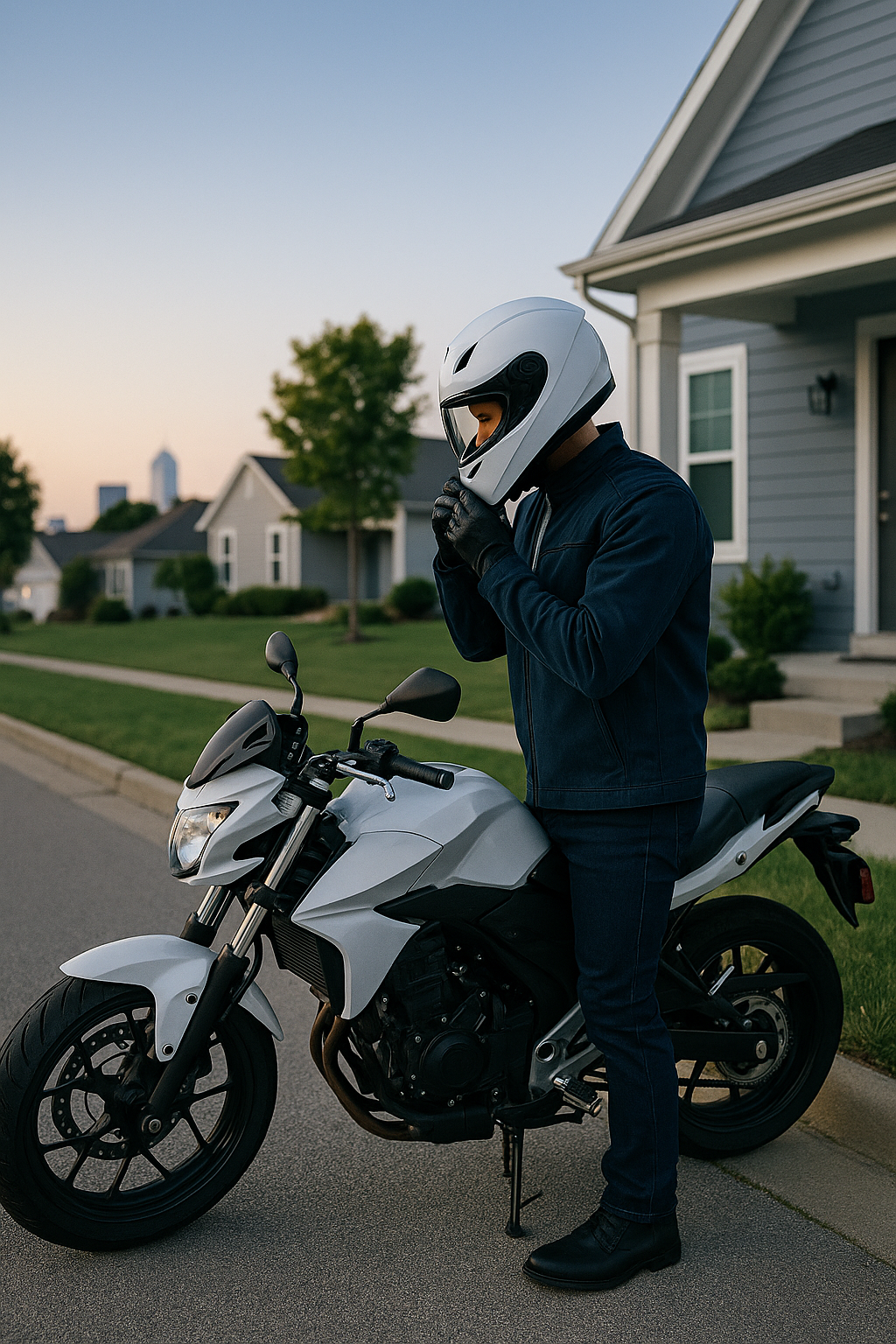 Motorcyclist fastening helmet beside a white bike on an Indianapolis street — Indiana motorcycle insurance from AOG Group | Allstate