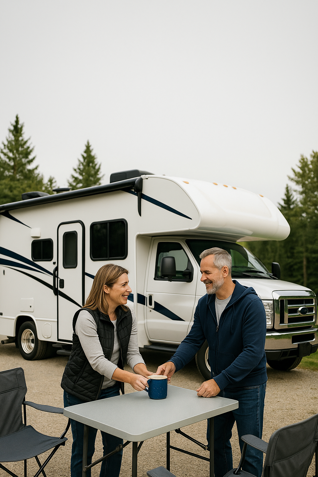 Couple setting up camp beside a white motorhome at an Indiana campsite — Indiana RV insurance from AOG Group | Allstate