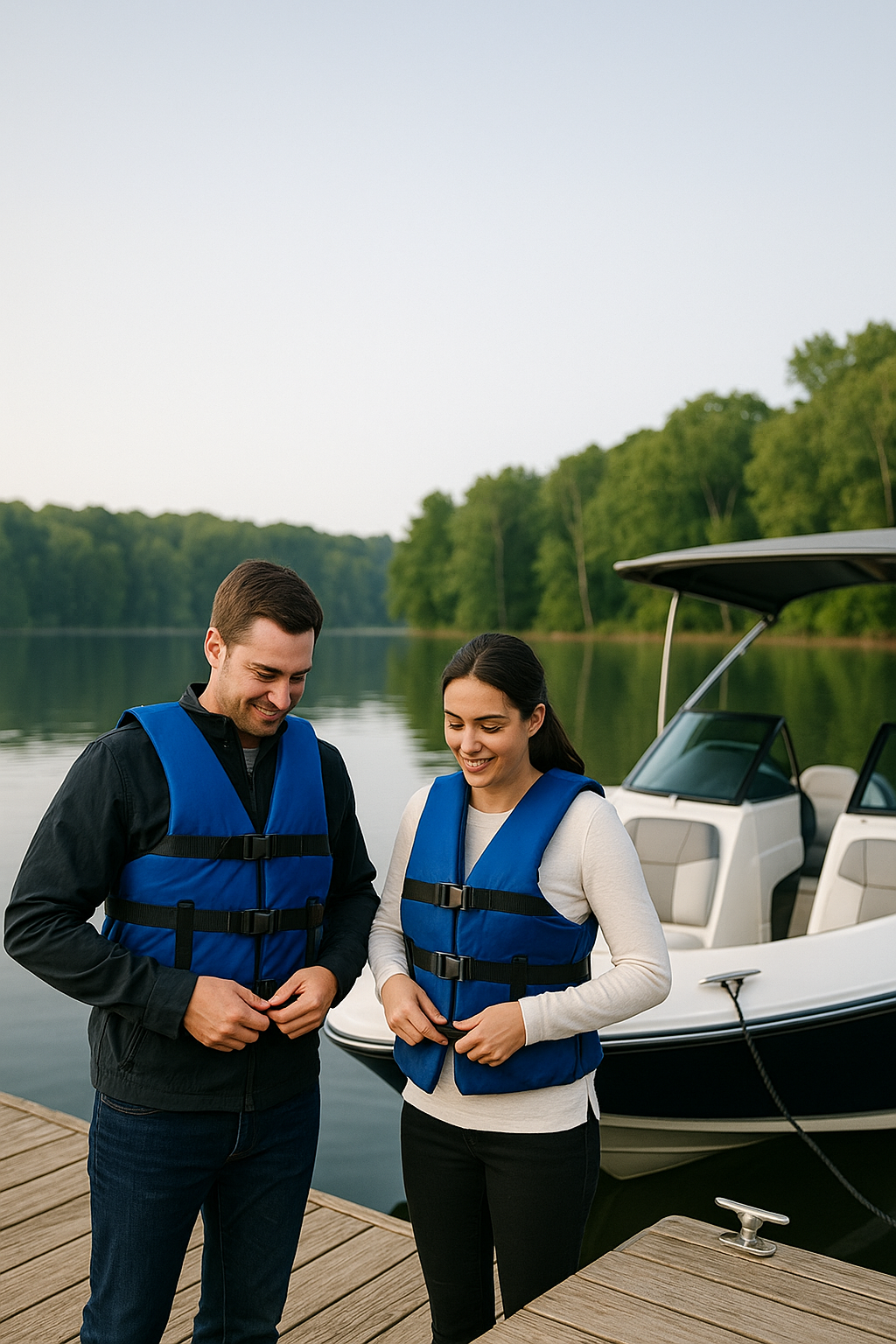 Couple securing life jackets on a white boat at an Indiana lake dock — Indiana boat insurance from AOG Group | Allstate