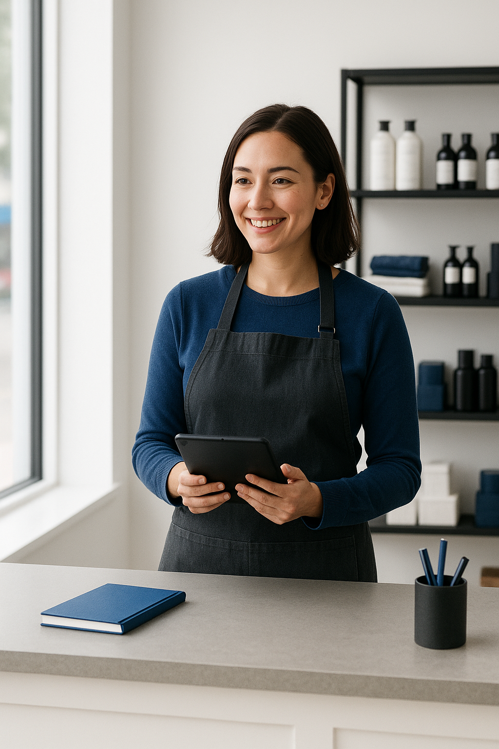 Small business owner greeting a customer at a light-gray counter in an Indianapolis shop — Indiana small business insurance from AOG Group | Allstate