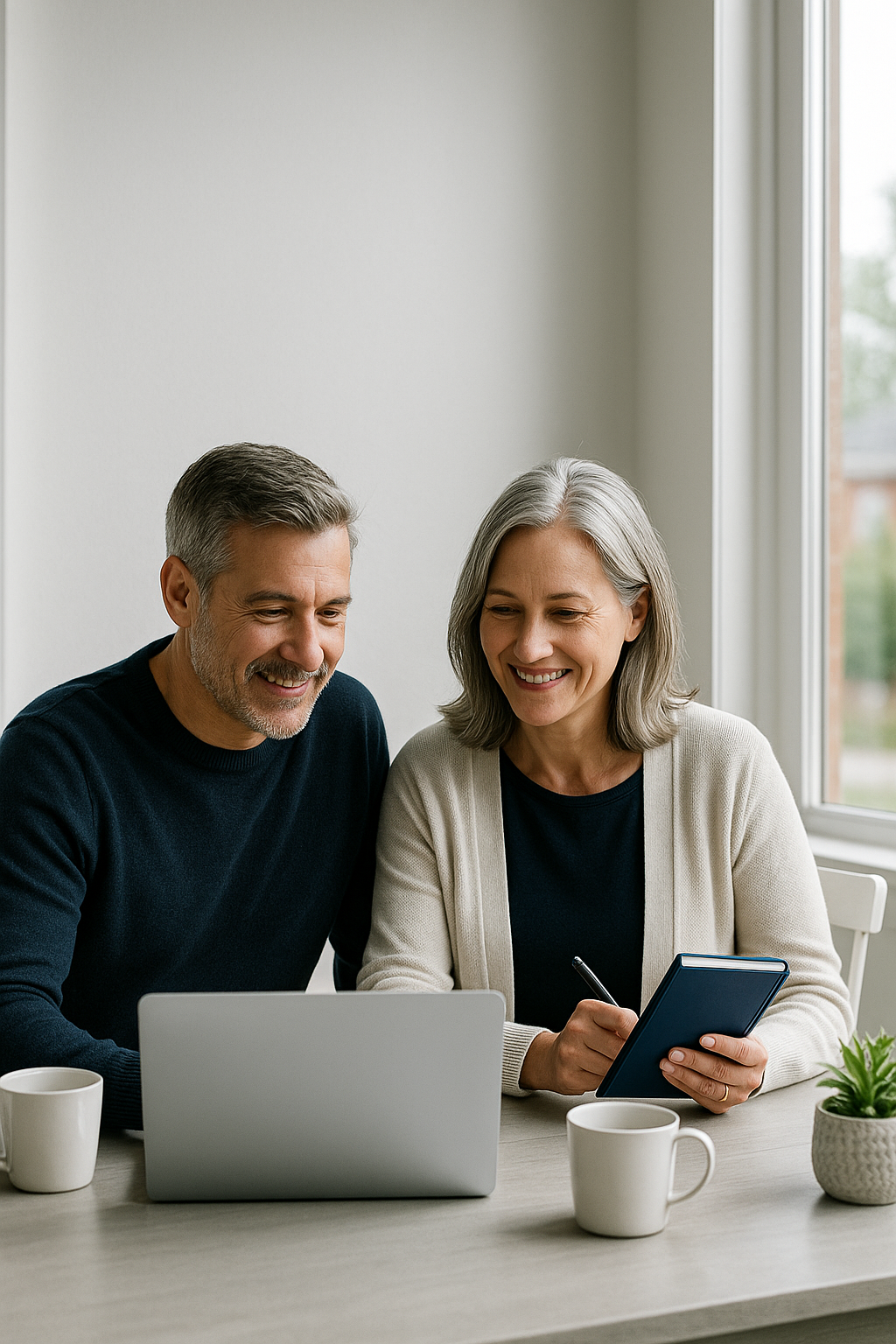 Couple reviewing retirement plan on a white laptop at a light-gray table in an Indianapolis home — Indiana retirement & investment planning from AOG Group | Allstate