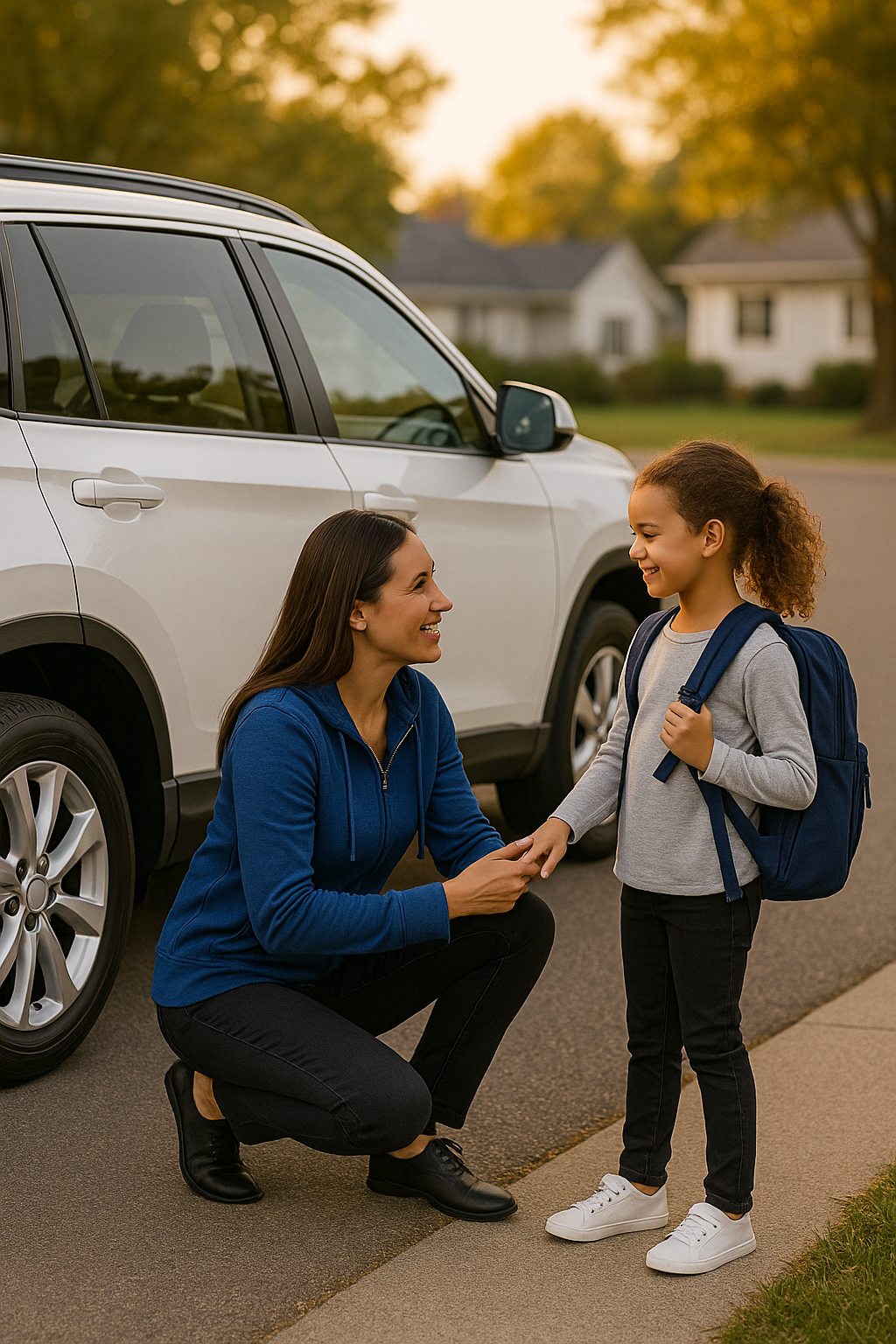 kling child into a car seat in a white SUV outside an Indianapolis home — Indiana auto insurance from AOG Group | Allstate