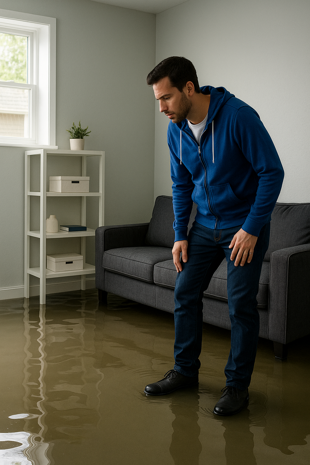 Homeowner discovering flood water in basement during light rain in Indianapolis — Indiana flood insurance from AOG Group | Allstate