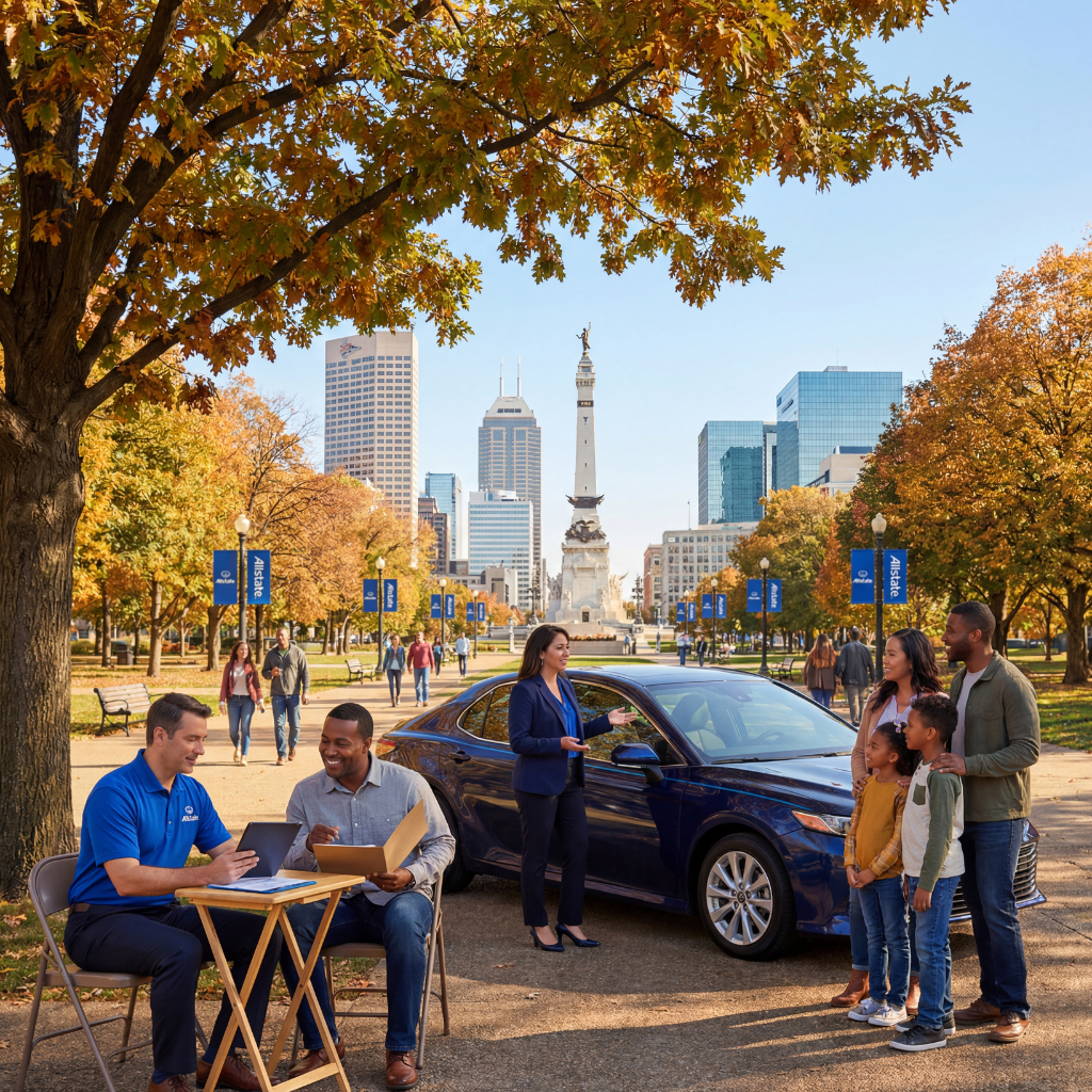 Diverse drivers interact with insurance agents outdoors in Indianapolis, showcasing car insurance importance in autumn colors | AOG Group | Allstate