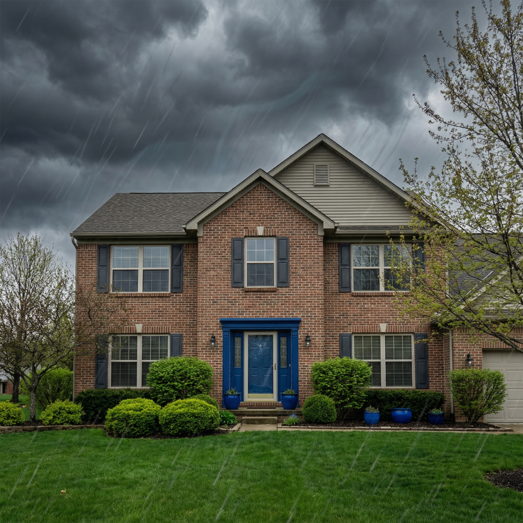 Suburban home in Indianapolis under stormy spring skies, showcasing preparedness | AOG Group Allstate