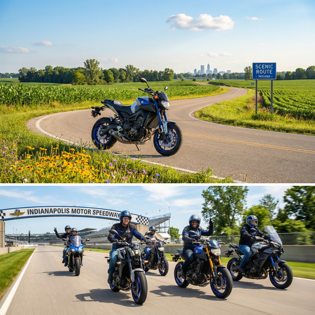 Vibrant motorcycle on an Indiana spring road with fields, wildflowers, and a glimpse of the Indianapolis skyline | AOG Group Allstate