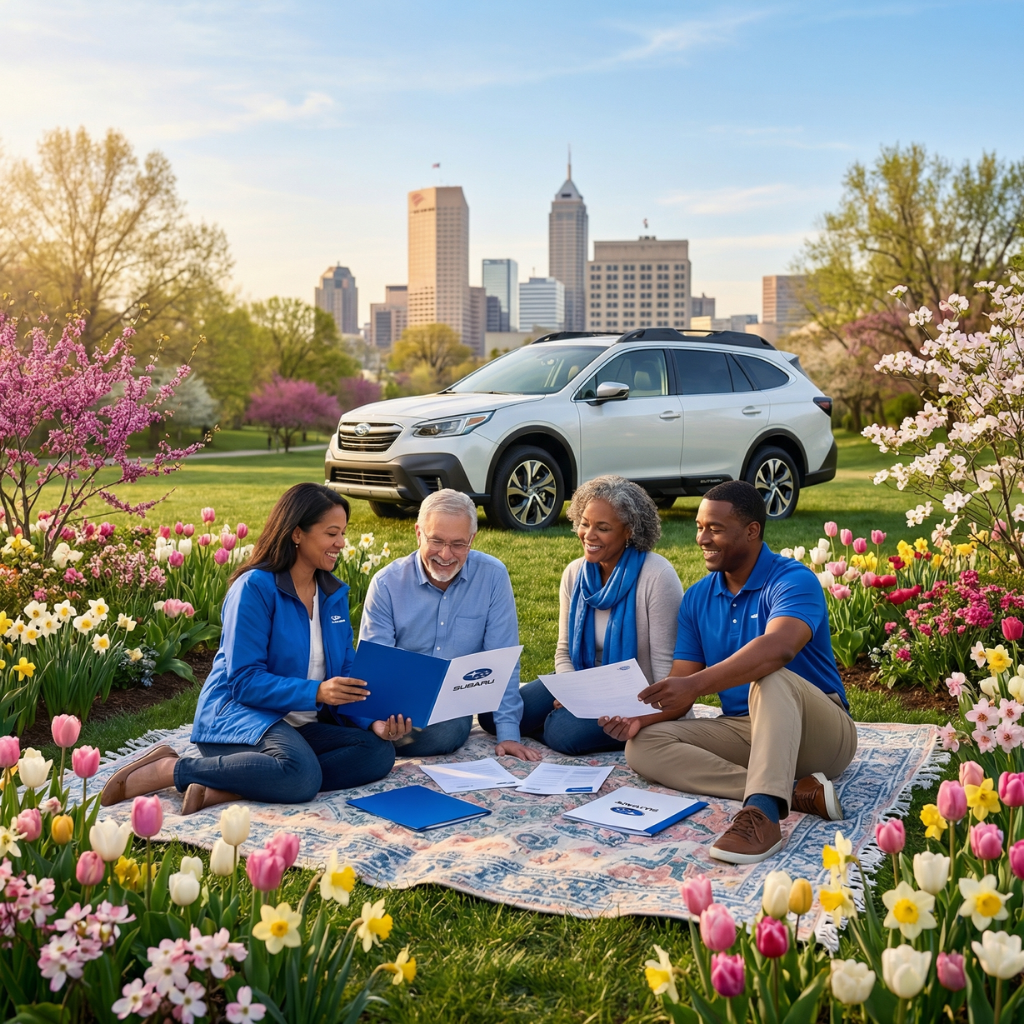 Spring scene in Indianapolis: diverse group reviewing car insurance on a picnic blanket, with vibrant flowers and skyline | AOG Group | Allstate