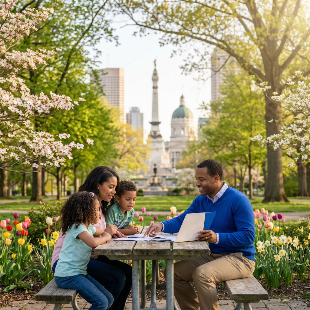 Family reviewing life insurance documents in a lively Indianapolis park with blooming flowers and city skyline | AOG Group | Allstate
