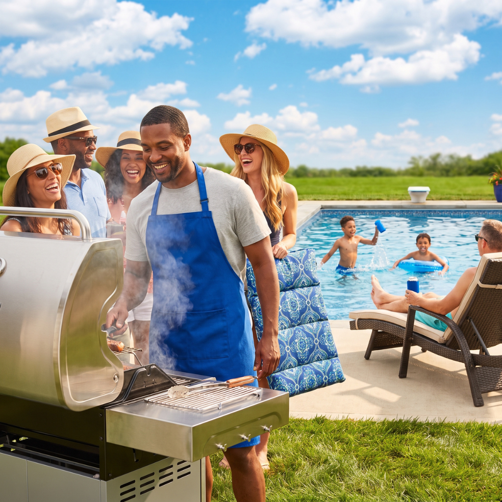 Sunny Indiana backyard with BBQ grill, children playing, pool in background, promoting homeowners insurance Indiana | AOG Group: Allstate