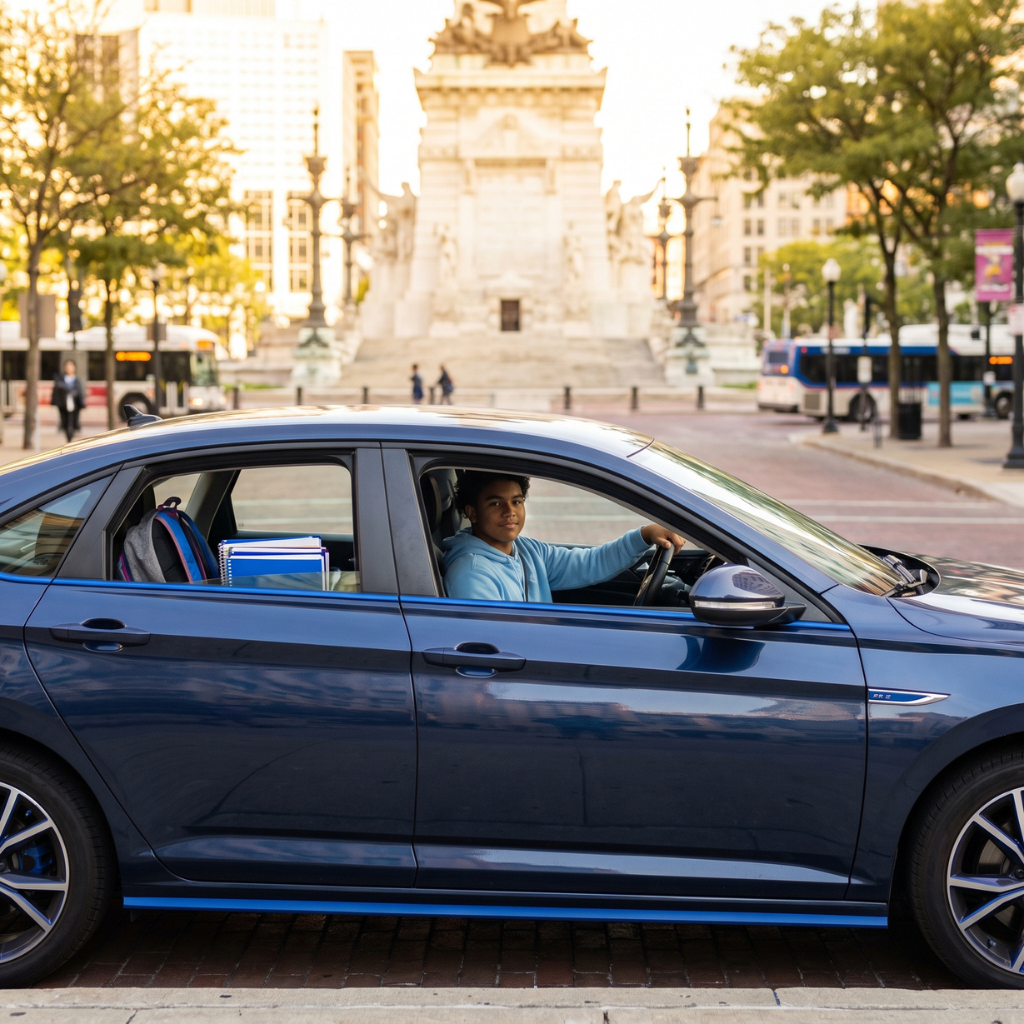 Teen driver in a car with school supplies, parked near Indianapolis landmark for back-to-school insurance guide | AOG Group: Allstate