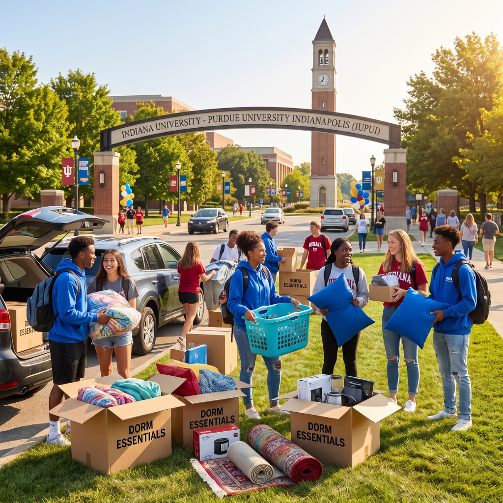 Diverse college students unpacking on move-in day at a vibrant Indianapolis campus, with sunny ambiance and renters insurance brochure.