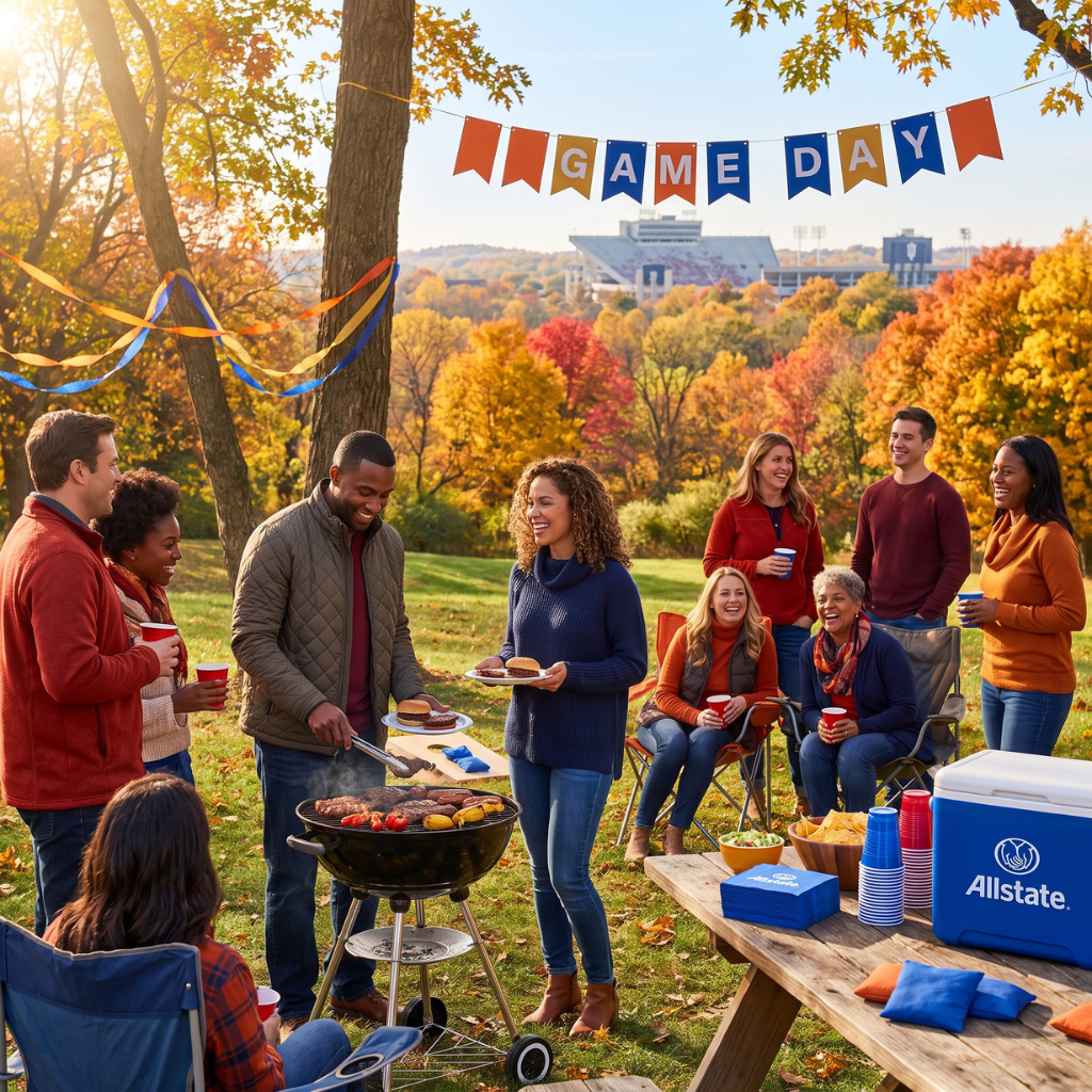 Joyful Indiana tailgate with diverse people, fall foliage, grill, and Allstate's blue accents, capturing autumn festivities | AOG Group: Allstate