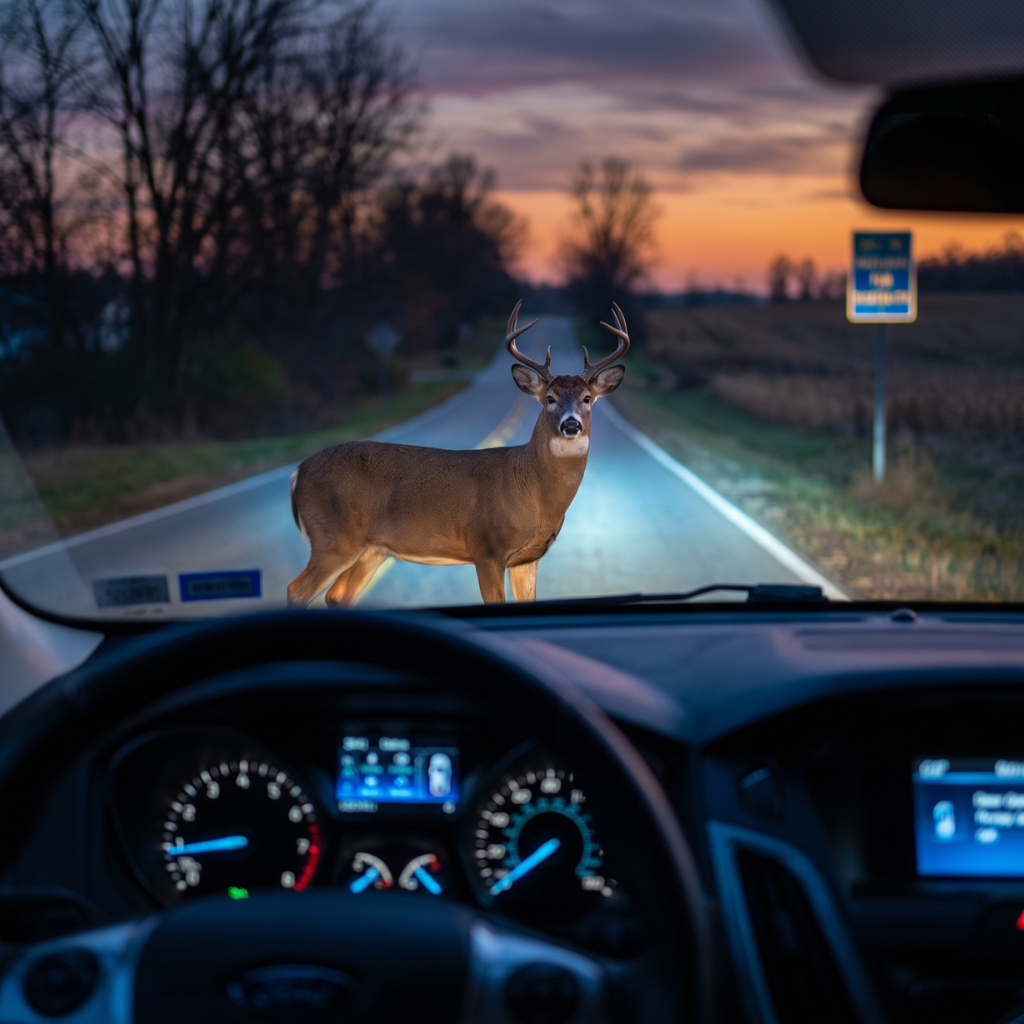 Deer alert on a rural Indiana road at dusk, warning of dangers during deer season; vibrant twilight hues | AOG Group: Allstate