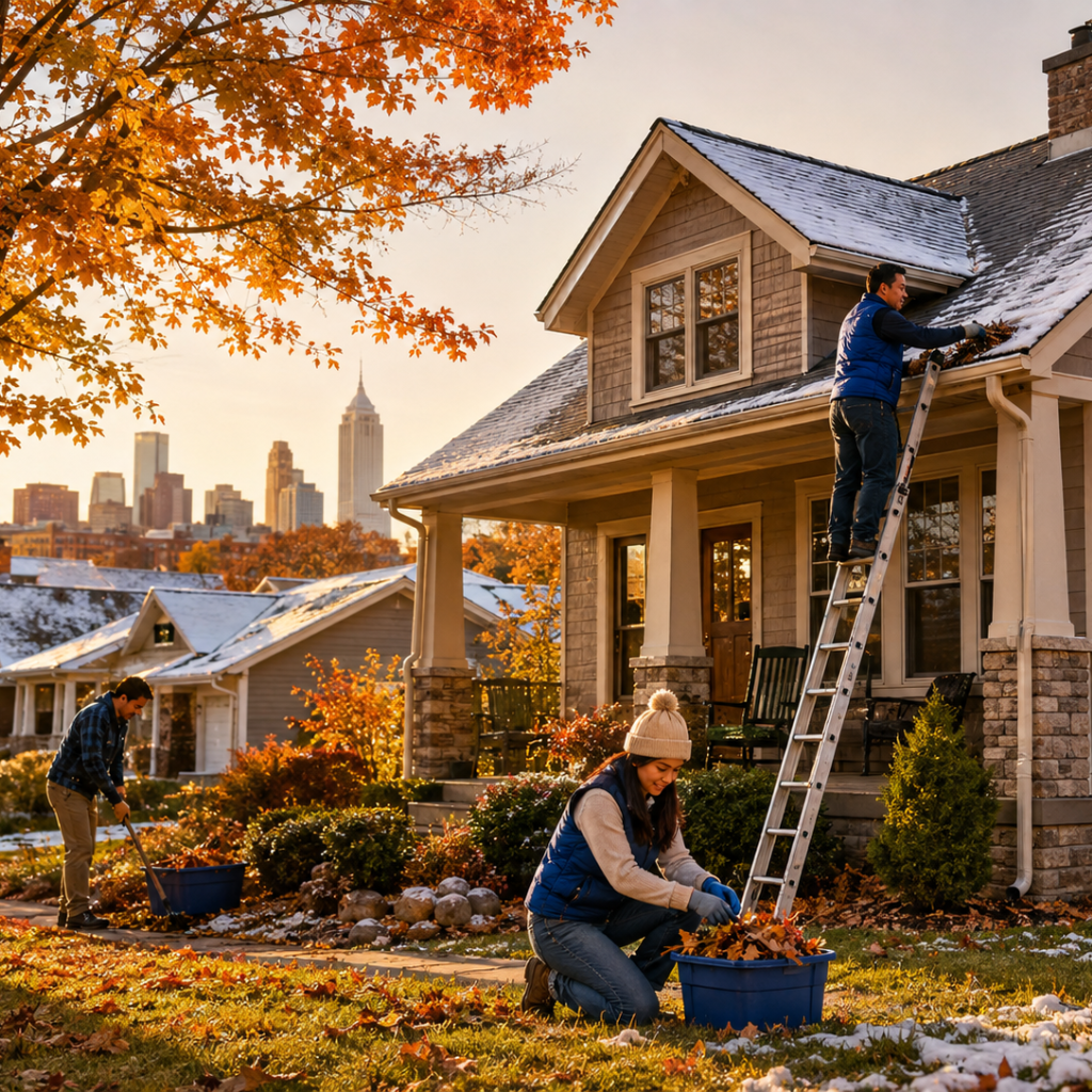 A diverse family performs fall maintenance on their Indiana home, framed by autumn colors and winter's first snow | AOG Group: Allstate