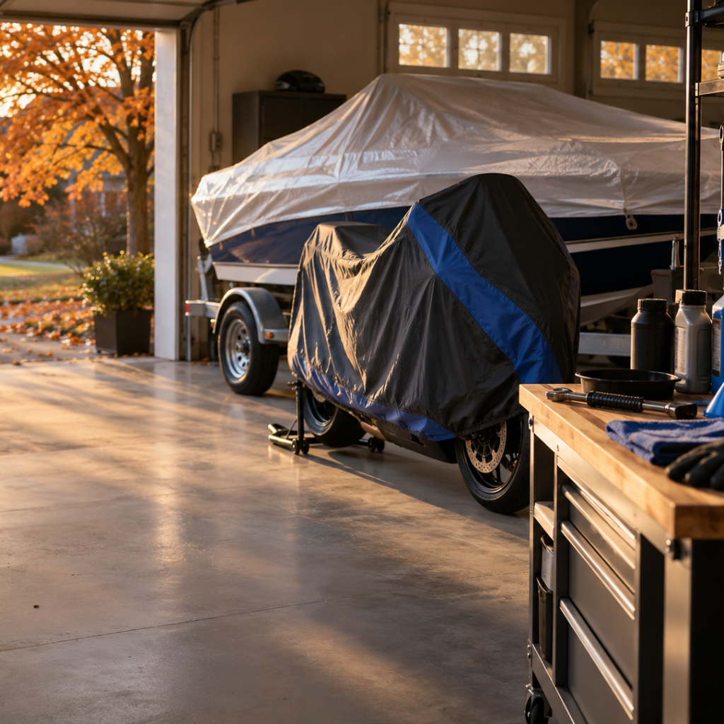 A motorcycle and a covered boat trailer parked inside a clean residential garage in Indiana at the end of riding season | AOG Group: Allstate