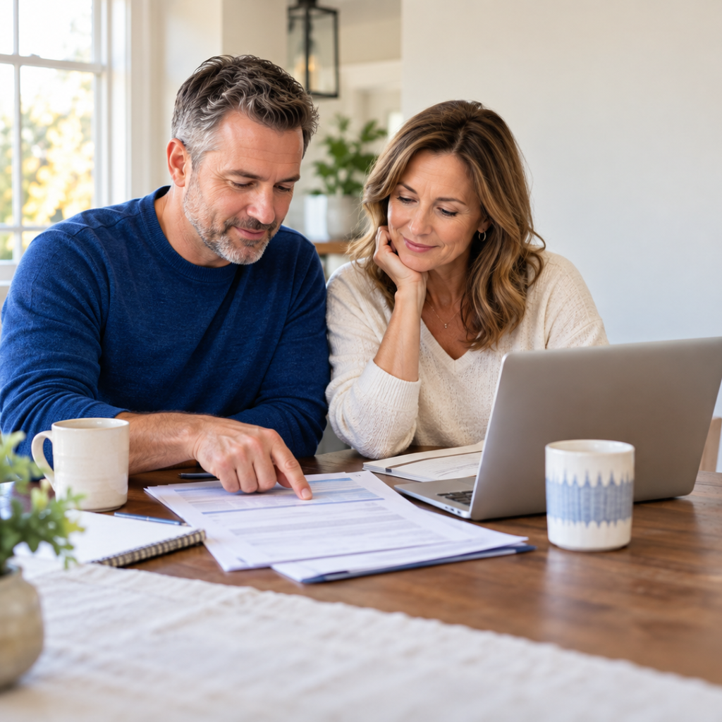 An Indiana couple sitting at their kitchen table with policy documents and a laptop, reviewing their household insurance coverage | AOG Group: Allstate
