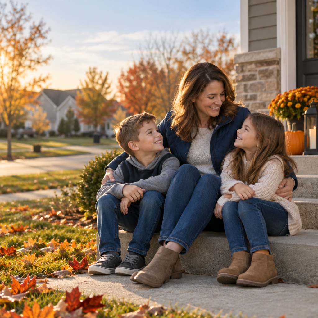 An Indiana parent and two children on the front porch of their home on an autumn afternoon | AOG Group: Allstate