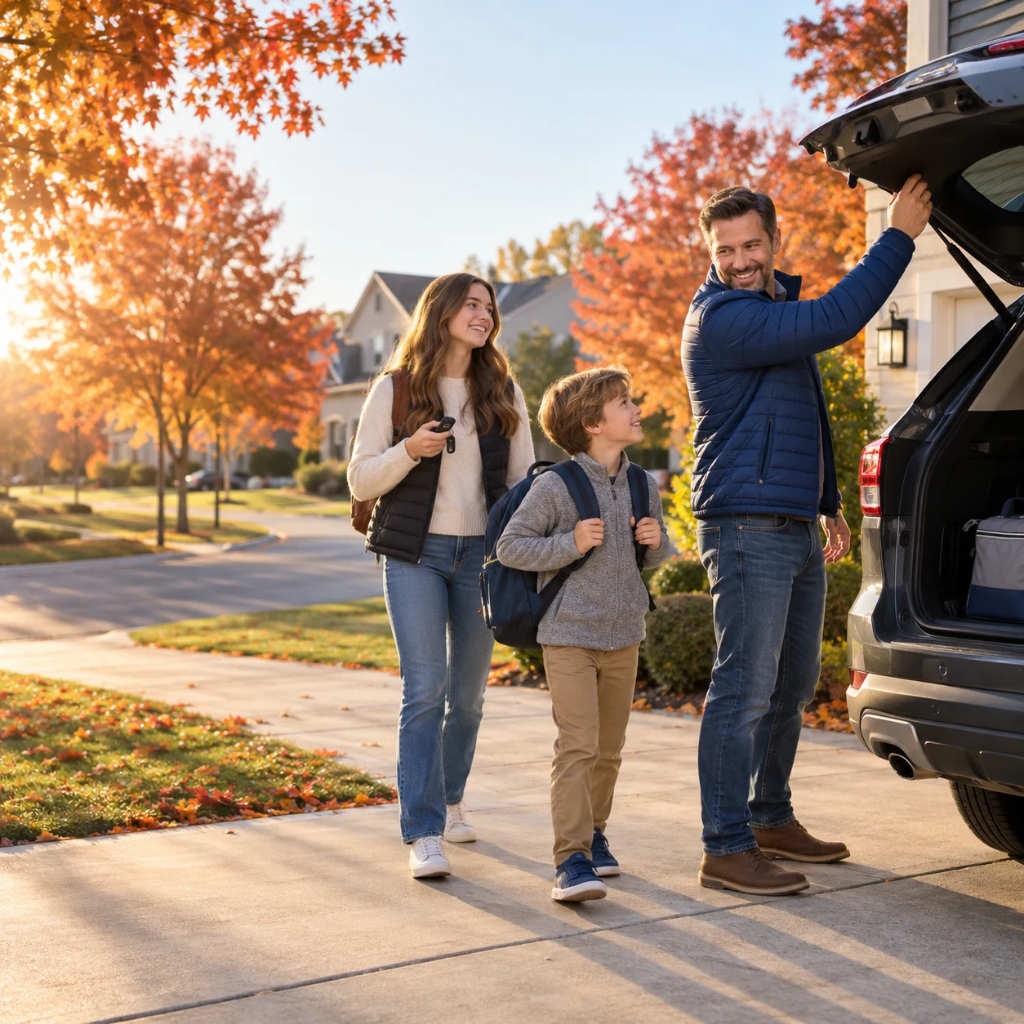 An Indiana family loading their SUV in a suburban driveway on a sunny fall morning | AOG Group: Allstate