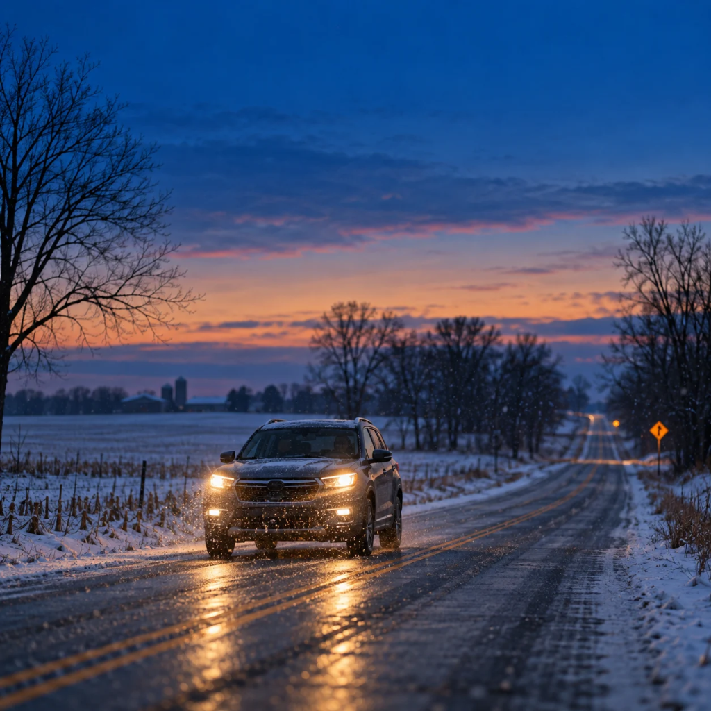 A car driving carefully on a snowy two-lane Indiana road at dusk with headlights on