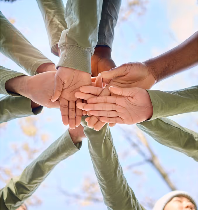 Hands joined in a circle, symbolizing community healing, collective resilience, and trauma recovery strategies.