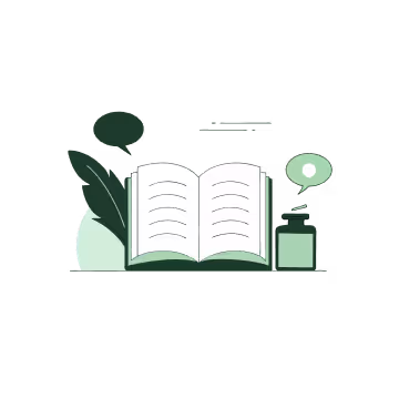 Illustration of an open book and speech bubbles, capturing healing through storytelling and dialogue.