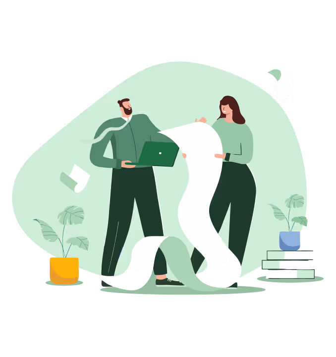 Illustration of a man and woman collaborating on digital storytelling with a laptop and scroll of ideas.