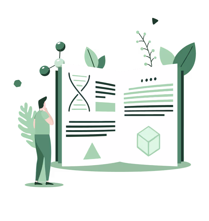 Illustration of a person studying a book combining data science for healing and nature-inspired visuals.