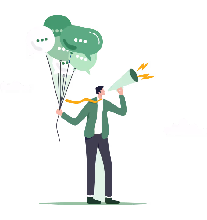 Illustration of person using a megaphone and chat balloons to symbolize digital empathy and communication.