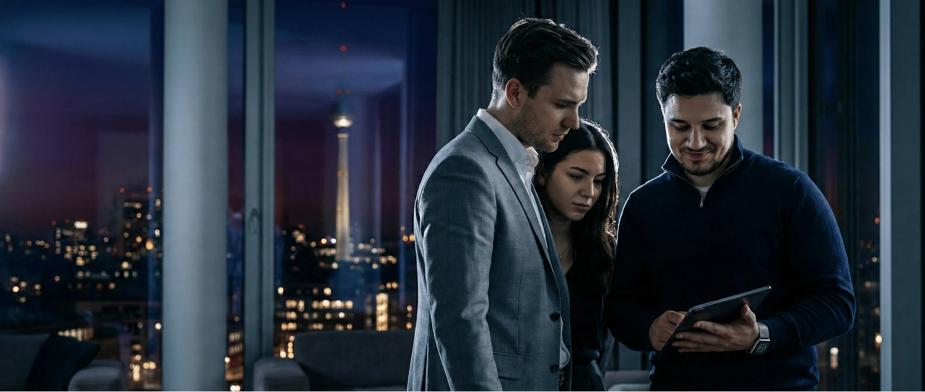 Drei Geschäftsleute betrachten abends ein Tablet in einem modernen Büro mit Blick auf eine beleuchtete Stadt und Fernsehturm.